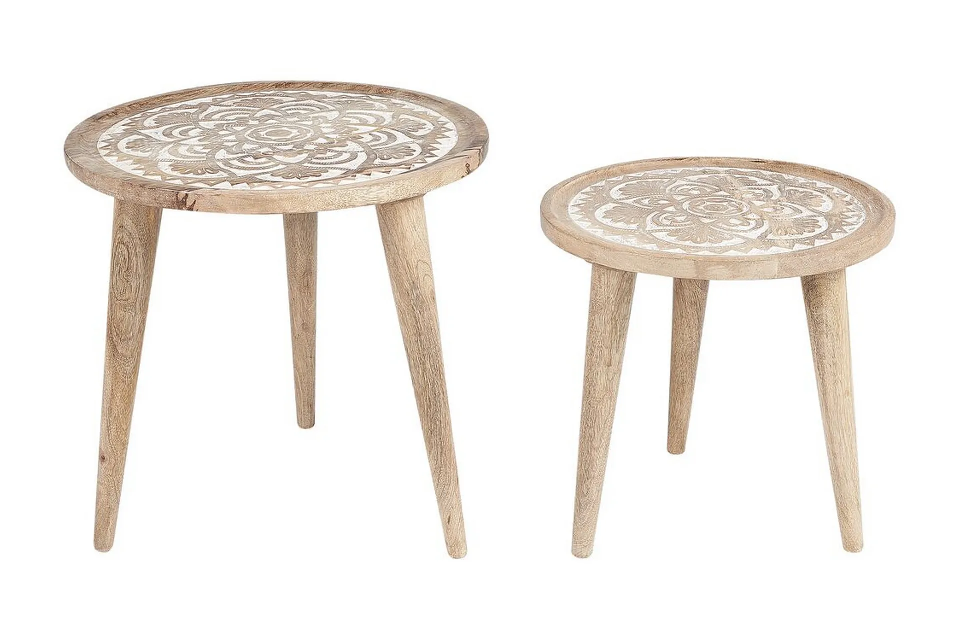 Sett med 2 Sidebord Lys Mangotre Dekorativt Kaffebord Liten Stue Møbler Orientalsk design