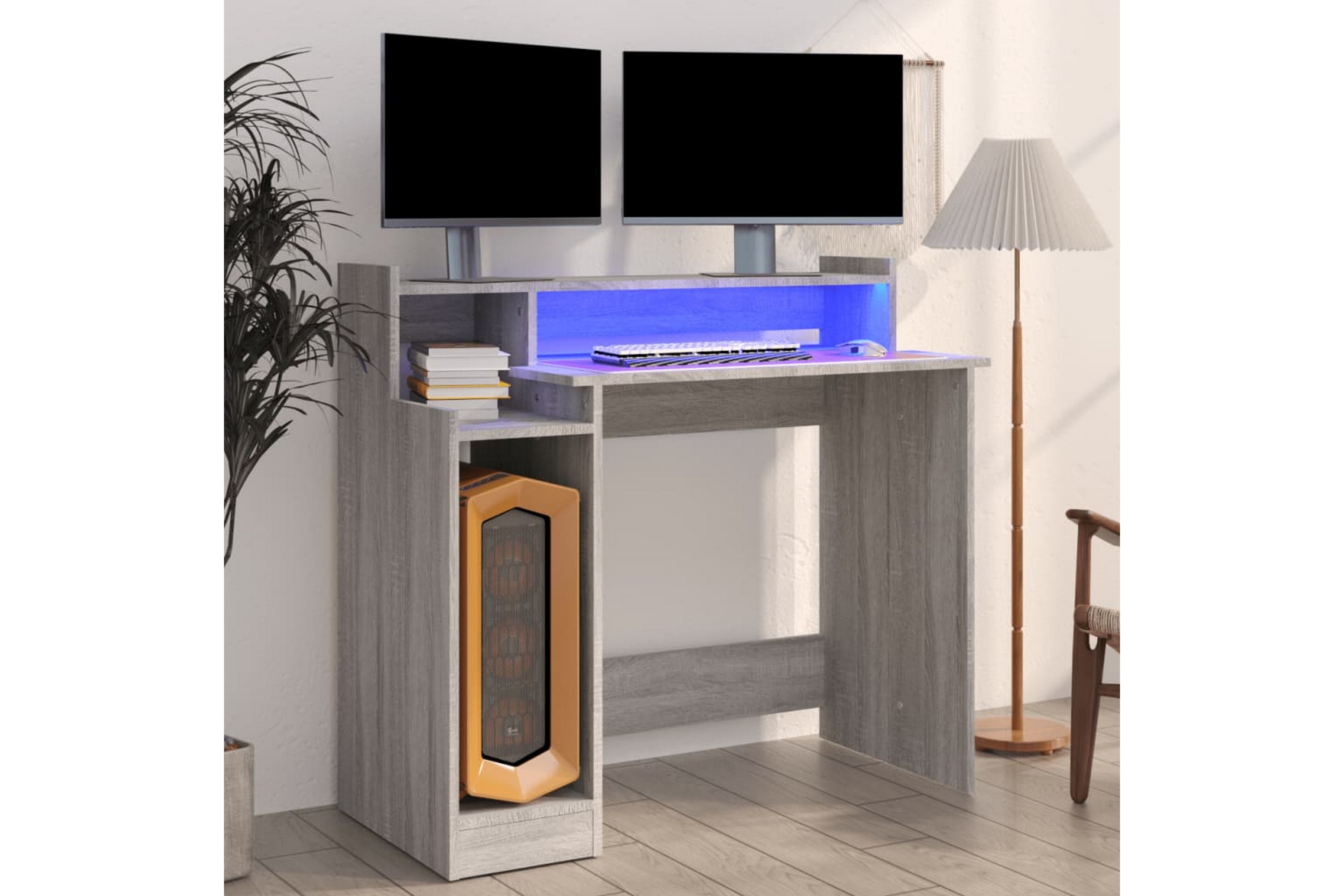 Be Basic beBasic Skrivebord med LED-lys grå sonoma 97x90x45 cm konstruert tre - GrÃ¥