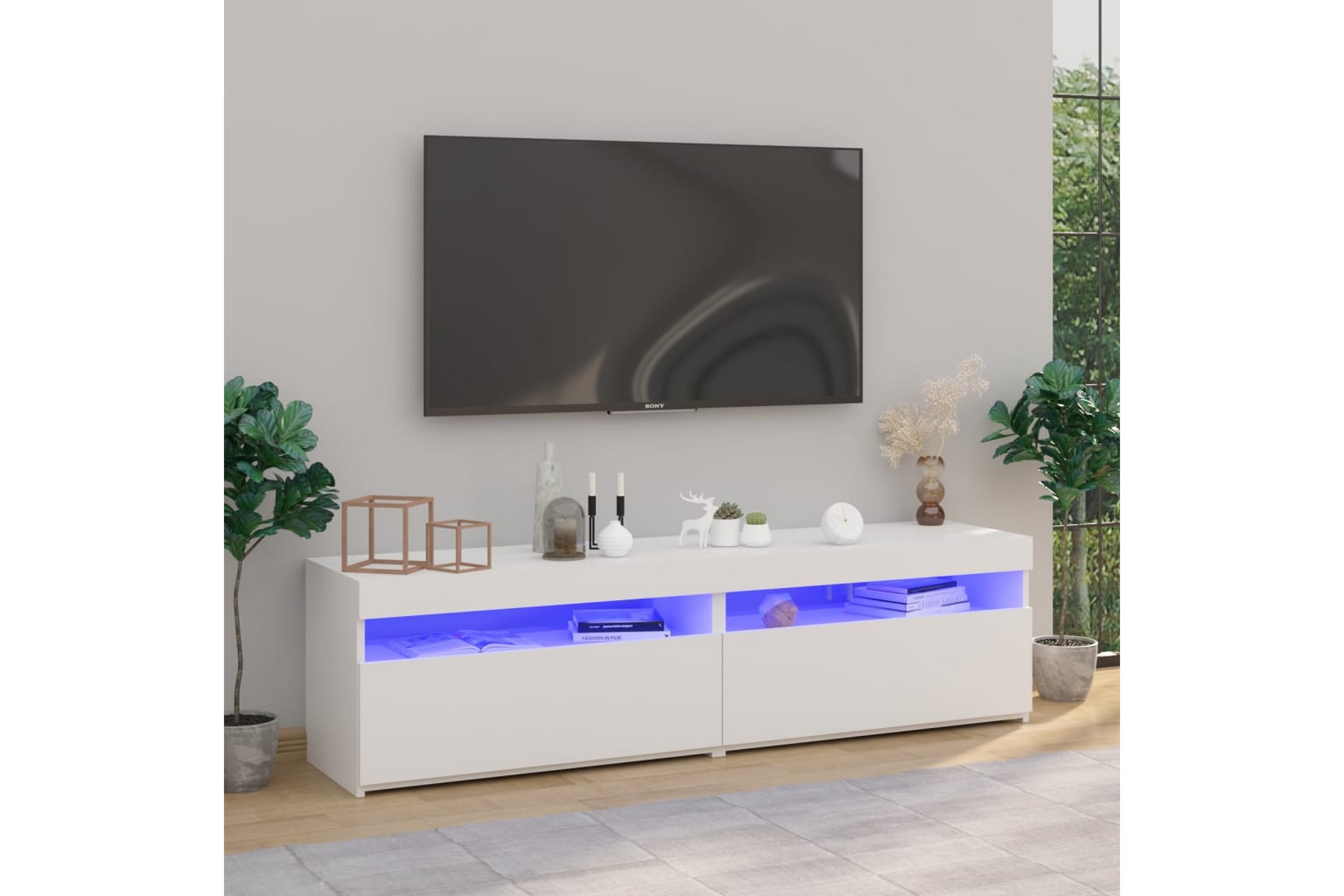 TV-benker 2 stk med LED-lys høyglans hvit 75x35x40 cm - Hvit