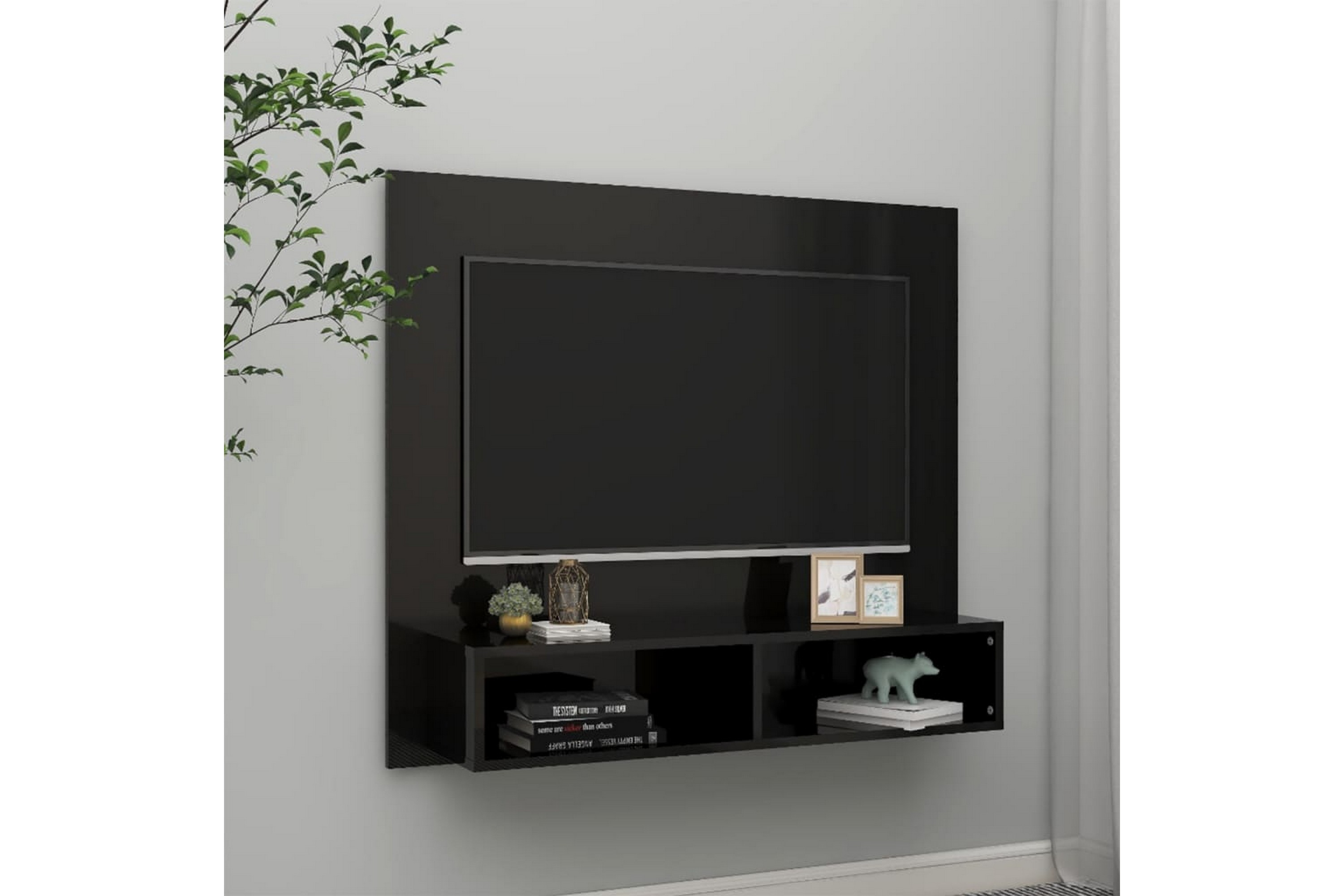 Be Basic Veggmontert TV-benk høyglans svart 102x23,5x90 cm sponplate - Svart