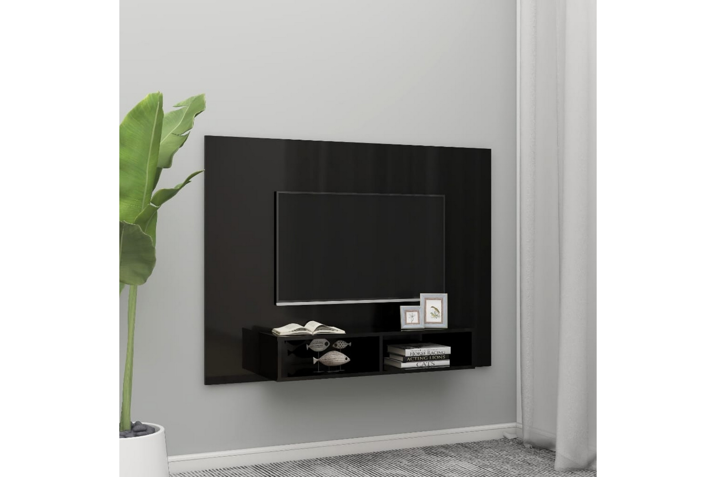 Be Basic Veggmontert TV-benk høyglans svart 135x23,5x90 cm sponplate - Svart