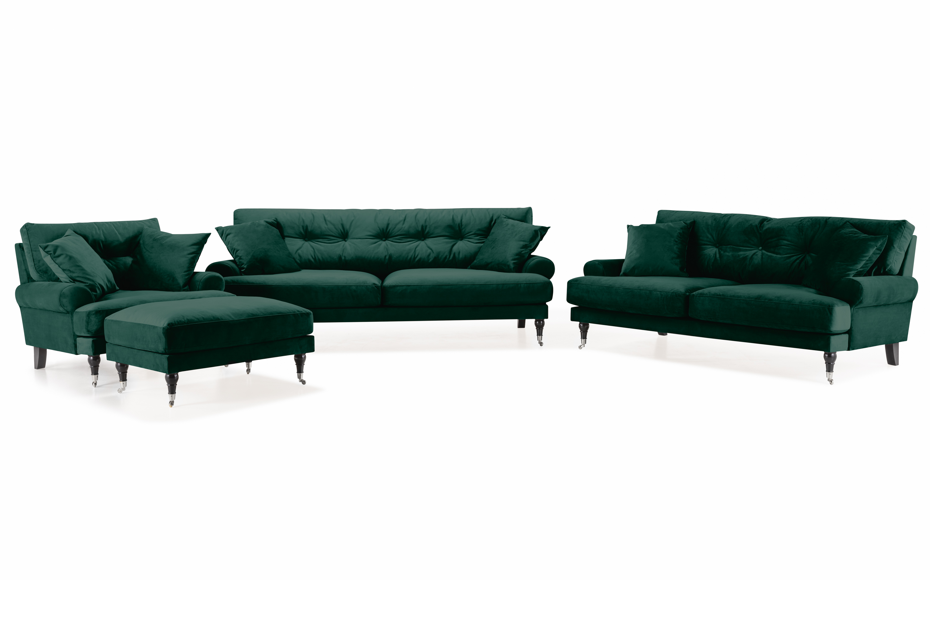 Sofagruppe Webber 3-seter+2-seter+Lenestol+Fotskammel Fløyel - Mørkgrønn|Krom