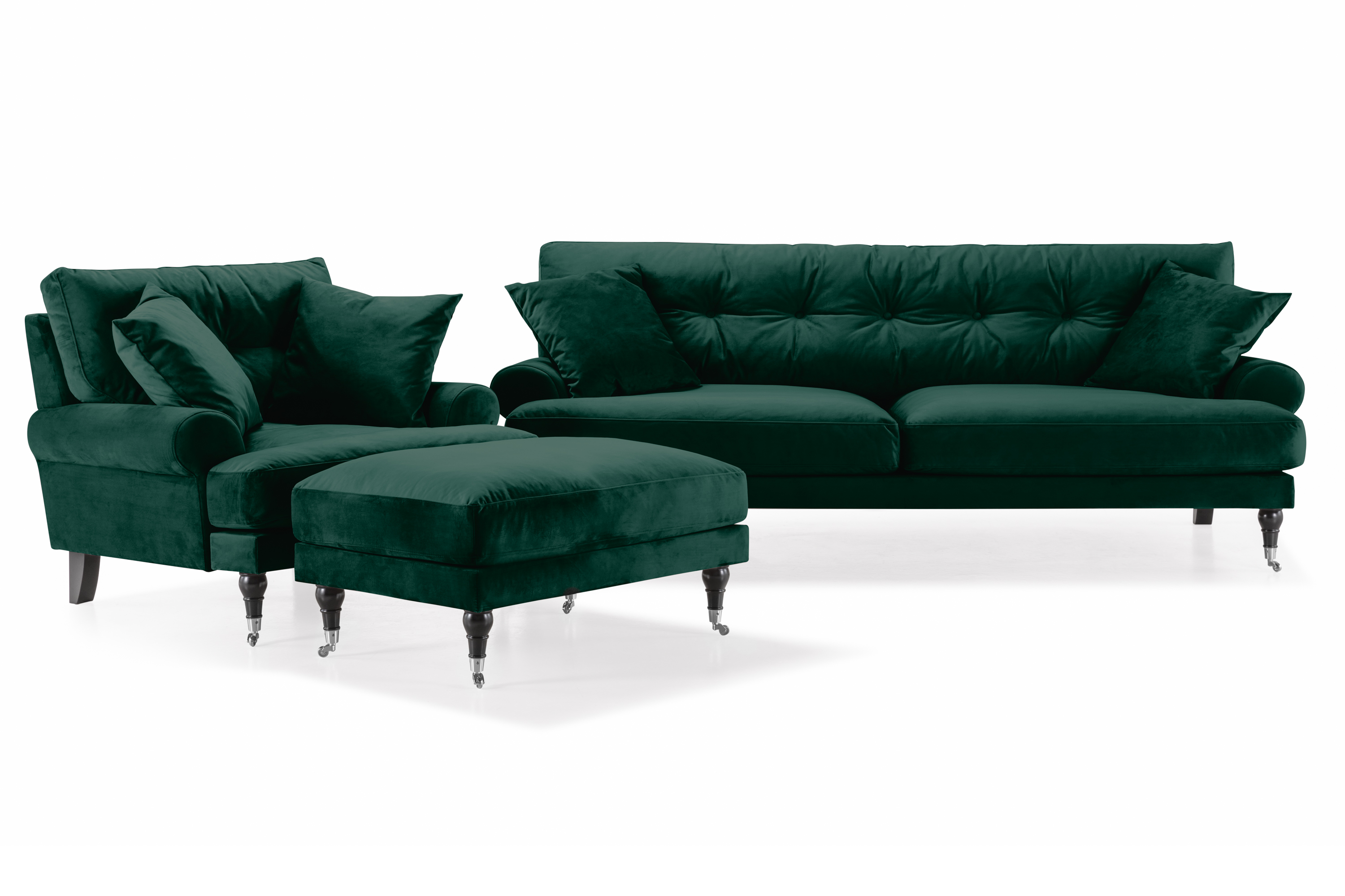 Sofagruppe Webber 3-seter+Lenestol+Fotskammel Fløyel - Mørkgrønn|Krom