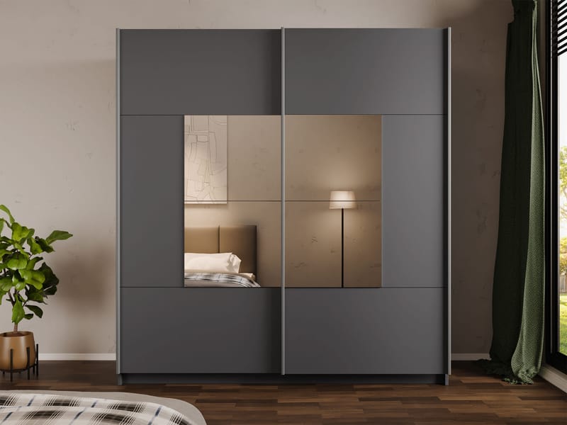 Binche Garderobeskapeskap med speil 200x215 cm - Grå - Oppbevaring - Garderober & garderobesystem