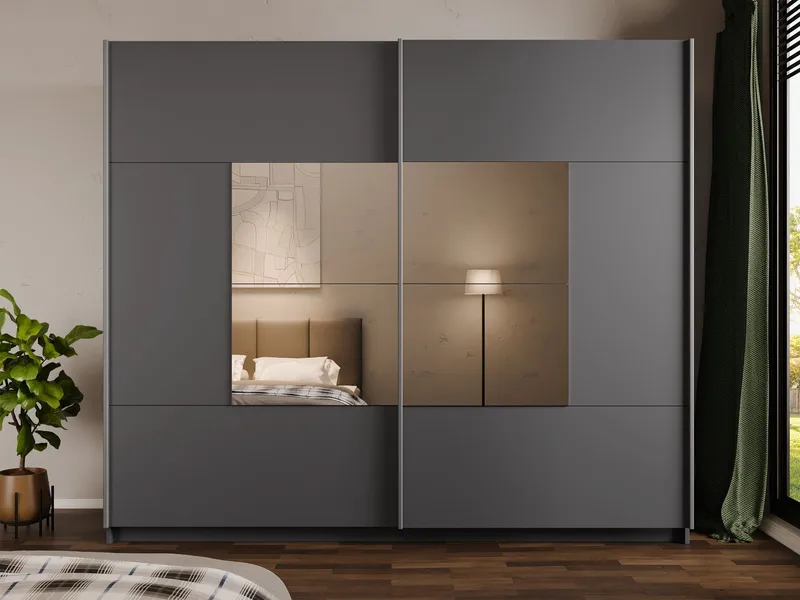 Binche Garderobeskapeskap med speil 250x215 cm - Grå - Oppbevaring - Garderober & garderobesystem