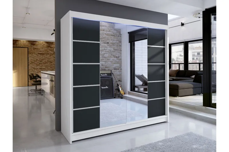 Canderbury Garderobe Med Speil 180x215 cm - Hvit/Sort - Oppbevaring - Garderober & garderobesystem