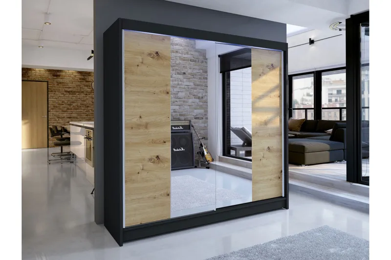 Canderbury Garderobe Med Speil 180x215 cm - Svart/Brun - Oppbevaring - Garderober & garderobesystem