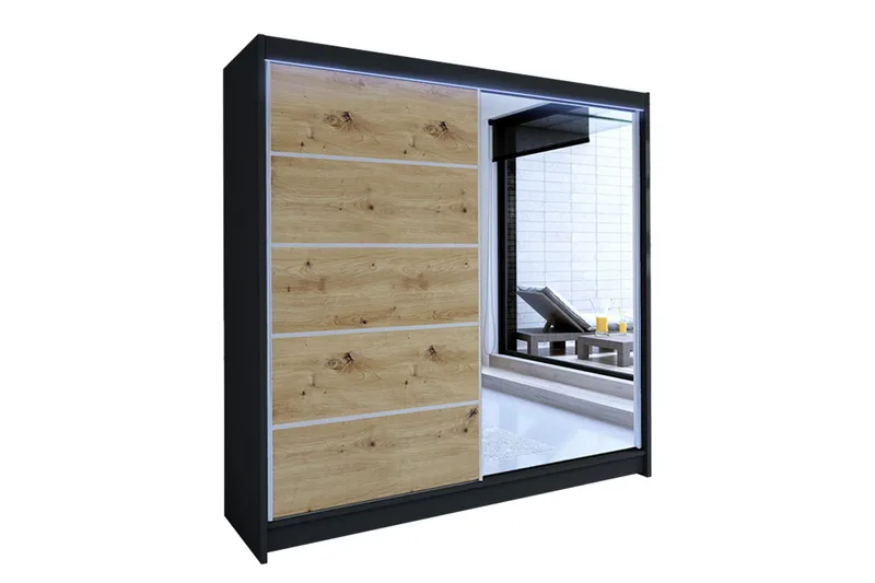 Canderbury Klesskap med Speil 180 cm i Lyst Tre, Svart|Beige