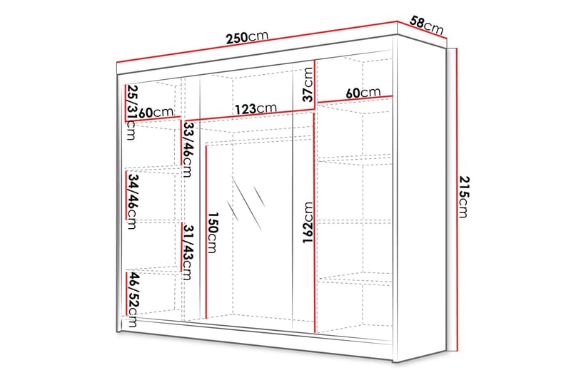 Cinerea Garderobe med Speil 250x215 cm - Hvit/Svart - Oppbevaring - Garderober & garderobesystem