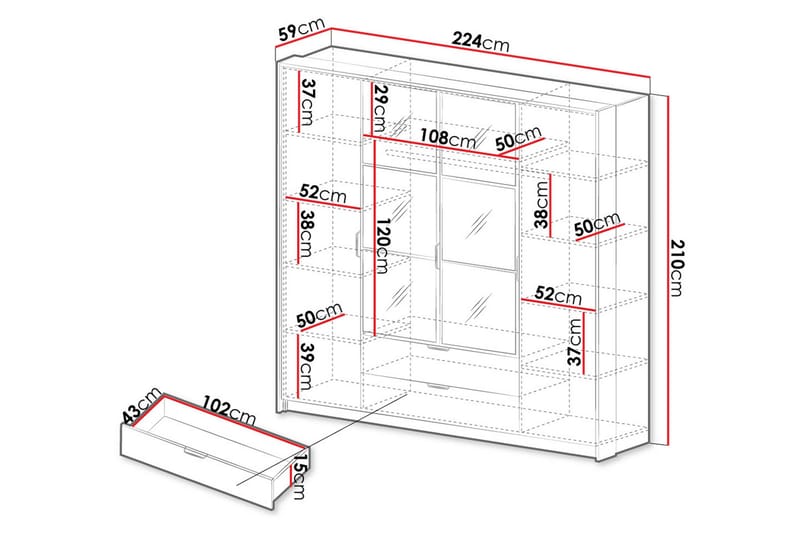 Coralina Garderobeskap Med Speil 224x210 cm - Brun/Sort - Oppbevaring - Garderober & garderobesystem