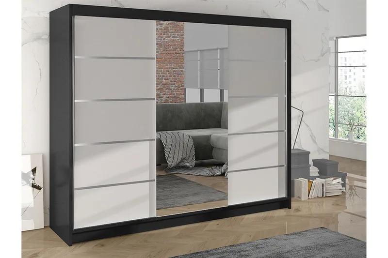 Cyria Garderobe med romslig Oppbevaring og Skyvedører med Speil 200x215 cm - Hvit/Svart - Oppbevaring - Garderober & garderobesystem