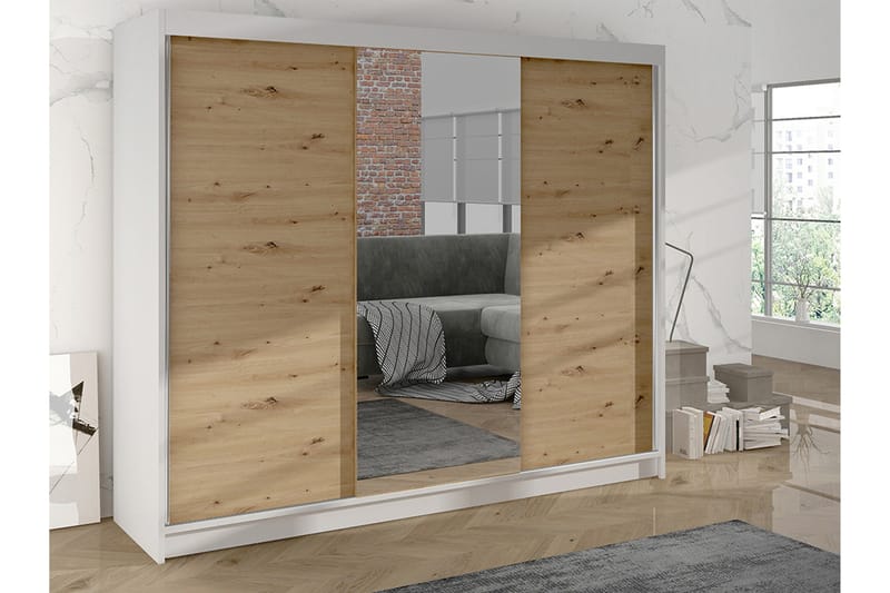 Cyria Garderobe med Speil 200x215 cm - Brun/Hvit - Oppbevaring - Garderober & garderobesystem