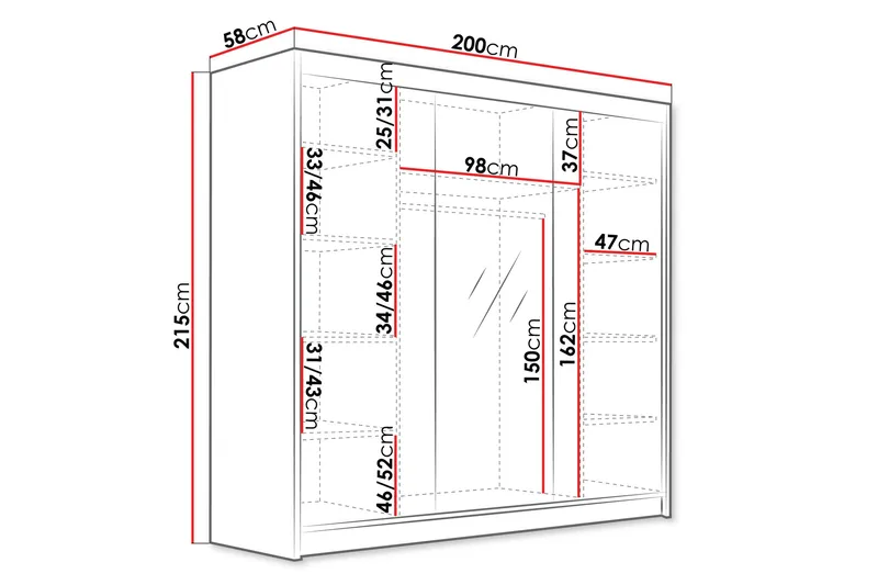Dianna Garderobe med Speil 200x215 cm - Hvit - Oppbevaring - Garderober & garderobesystem