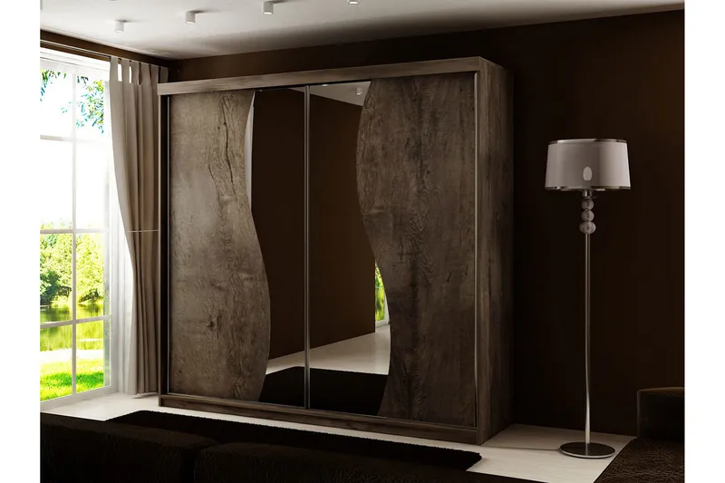 Dunkra Garderobe med Speil LED-belysning Blå 200 cm Bue - Mørk Aske - Oppbevaring - Garderober & garderobesystem