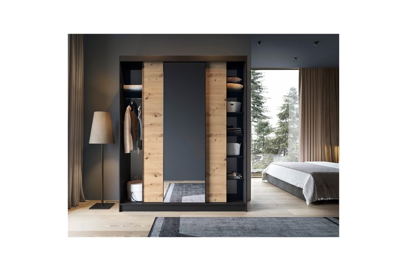 Esville Garderobe 120 cm i Lyst Tre - Sort - Oppbevaring - Garderober & garderobesystem
