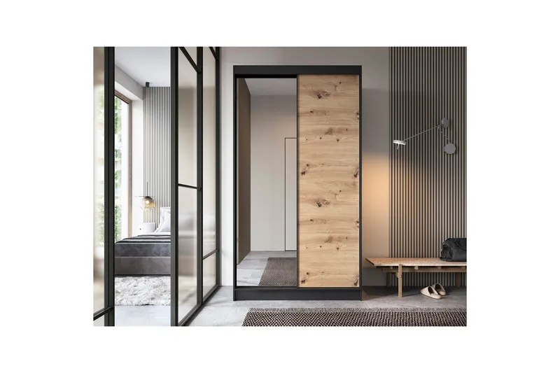 Esville Garderobe med Speil 120 cm i Lyst Tre - Sort - Oppbevaring - Garderober & garderobesystem
