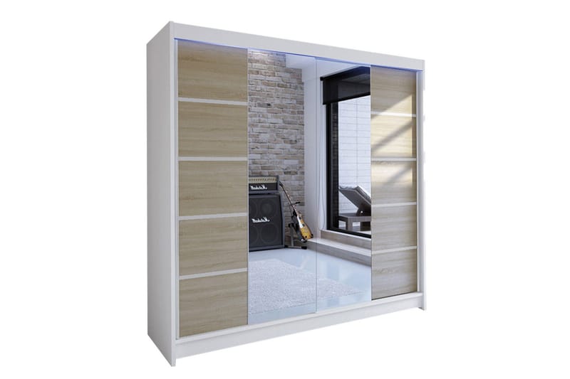Garderobe + LED, Hvit | Eik