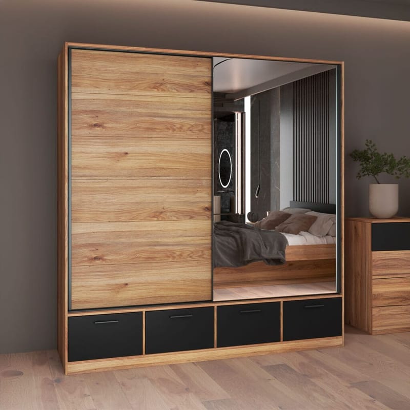 Garderobe med speil Beta 2 Skyvedør med 4 Skuffer - Oppbevaring - Garderober & garderobesystem