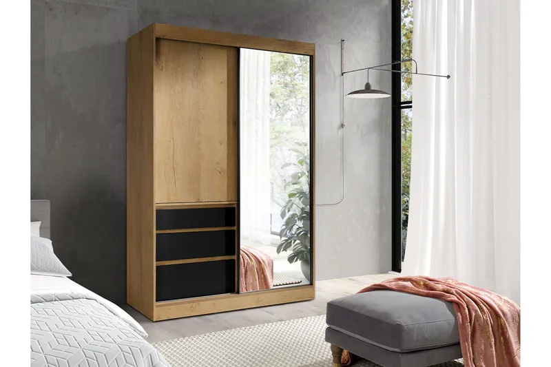 Abricot Garderobe med Speil 140x216x65 cm - Svart - Oppbevaring - Garderober & garderobesystem