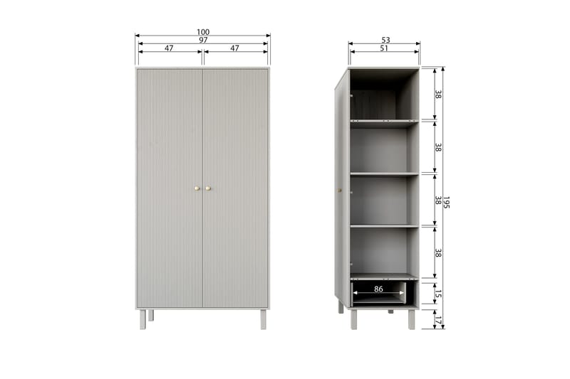 Antonie Garderobeskap 53x100 cm - Grå - Oppbevaring - Garderober & garderobesystem