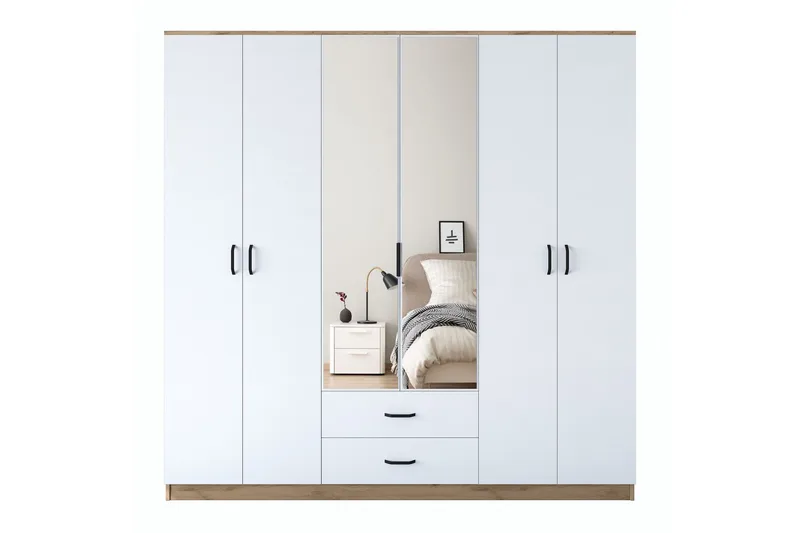 Caturai Garderobe med Speil - Valnøtt/Hvit - Oppbevaring - Garderober & garderobesystem