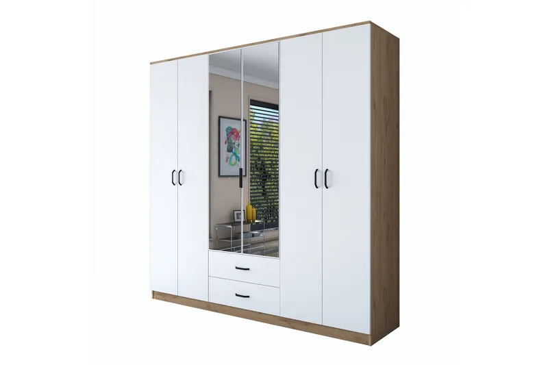 Caturai Garderobe med Speil - Valnøtt/Hvit - Oppbevaring - Garderober & garderobesystem