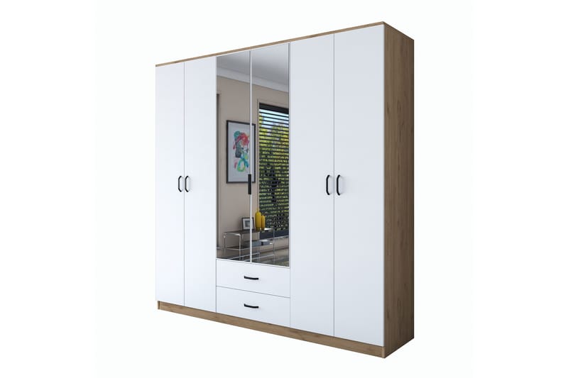 Caturai Garderobe med Speil - Valnøtt/Hvit - Oppbevaring - Garderober & garderobesystem