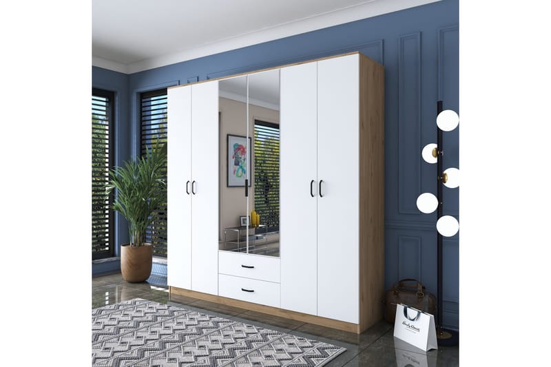 Caturai Garderobe med Speil - Valnøtt/Hvit - Oppbevaring - Garderober & garderobesystem
