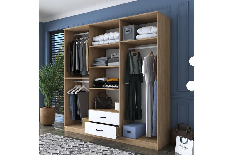 Caturai Garderobe med Speil - Valnøtt/Hvit - Oppbevaring - Garderober & garderobesystem