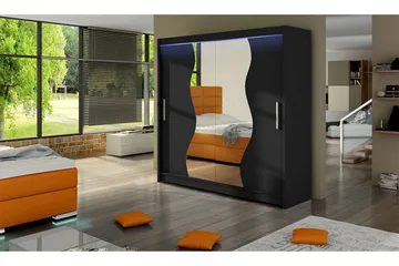 Douglas Garderobe 180x57x215 cm - Svart|Speil|Led-Belysning - Oppbevaring - Garderober & garderobesystem