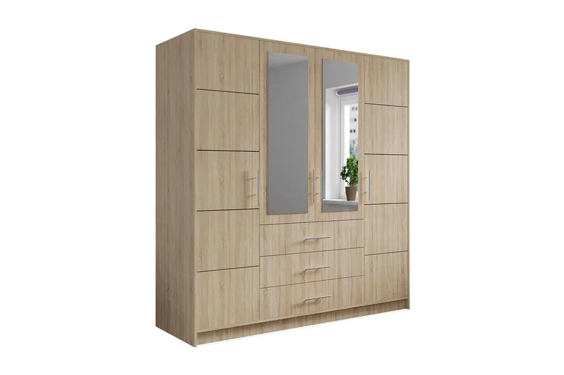 Escaldes Garderobe med Skuffer + Dører 196 cm, Beige / Tre / Natur
