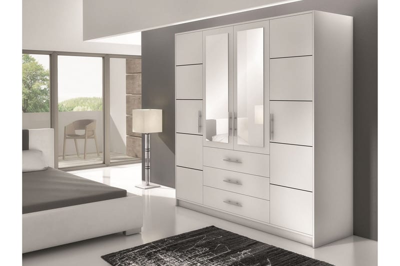 Escaldes Stor Garderobe med Speil 196 cm bred 200 cm høy - Hvit - Oppbevaring - Garderober & garderobesystem