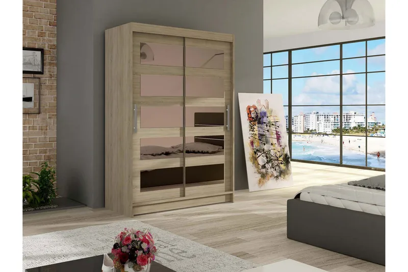 Estella Garderobe 120 cm Skyvedører Delt Speil - Eik - Oppbevaring - Garderober & garderobesystem