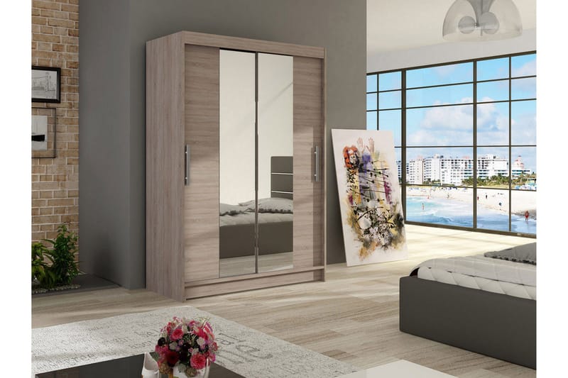 Estella Garderobe 120 cm Skyvedører Smalt Speil - Eik - Oppbevaring - Garderober & garderobesystem