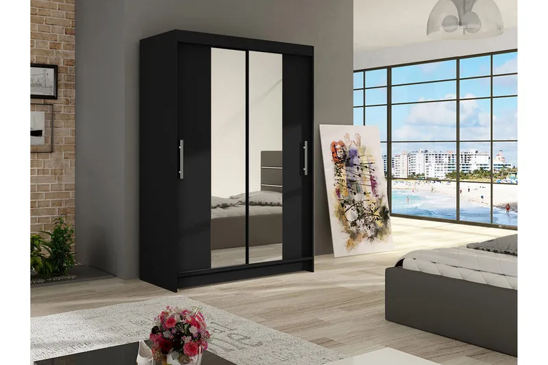 Estella Garderobe 120 cm Skyvedører Smalt Speil - Svart - Oppbevaring - Garderober & garderobesystem