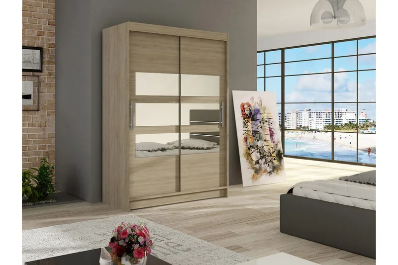 Estella Garderobe Skyvedører Delt Speil - Eik - Oppbevaring - Garderober & garderobesystem