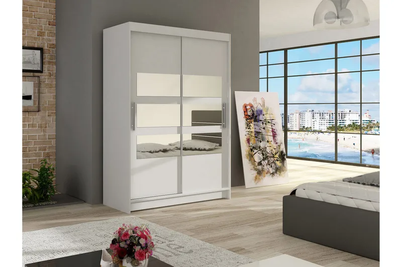 Estella Garderobe Skyvedører Delt Speil - Hvit - Oppbevaring - Garderober & garderobesystem