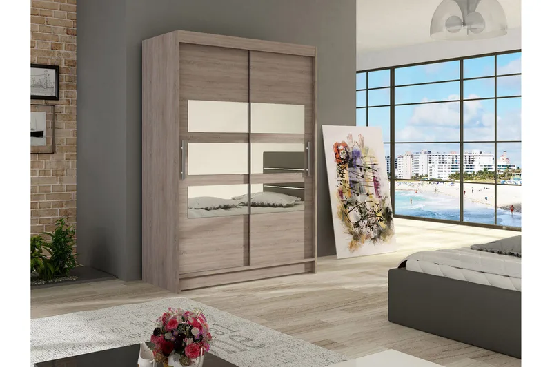 Estella Garderobe Skyvedører Delt Speil - Lys Eik - Oppbevaring - Garderober & garderobesystem