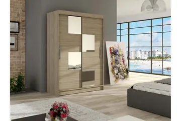 Estella Garderobe Skyvedører Firekantet Speil - Eik - Oppbevaring - Garderober & garderobesystem