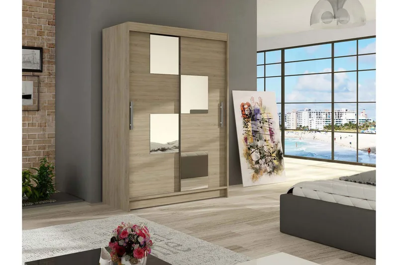 Estella Garderobe Skyvedører Firekantet Speil - Eik - Oppbevaring - Garderober & garderobesystem