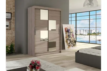 Estella Garderobe Skyvedører Firekantet Speil - Lys Eik - Oppbevaring - Garderober & garderobesystem