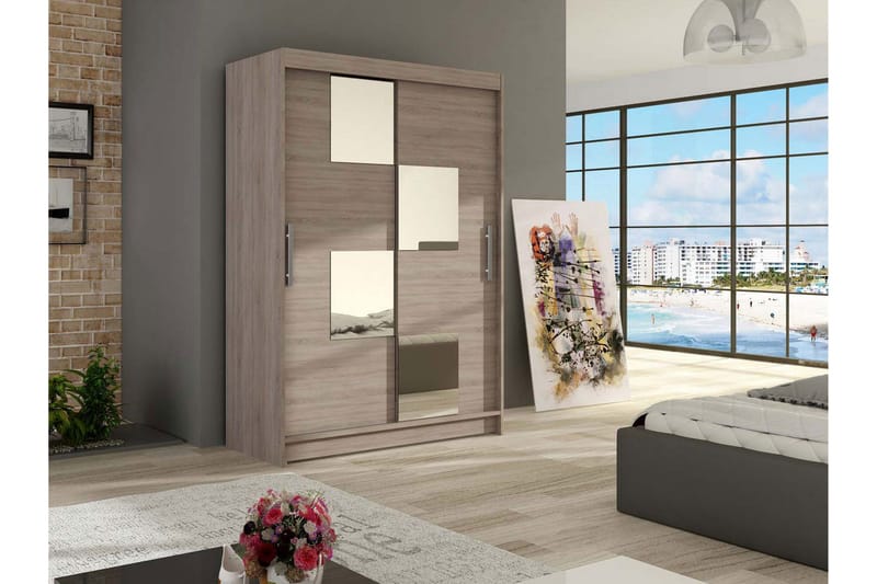 Estella Garderobe Skyvedører Firekantet Speil - Lys Eik - Oppbevaring - Garderober & garderobesystem