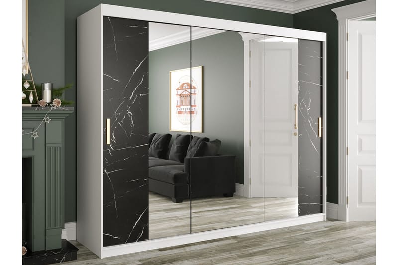 Garderob med Speil Kant Marmesa 250 cm Marmormønster - Hvit/Svart - Garderober & garderobesystem
