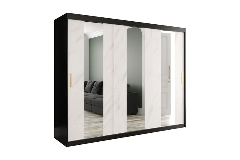 Garderob med Speil Midt Marmesa 250 cm Marmormønster - Svart/Hvit/Gull - Garderober & garderobesystem