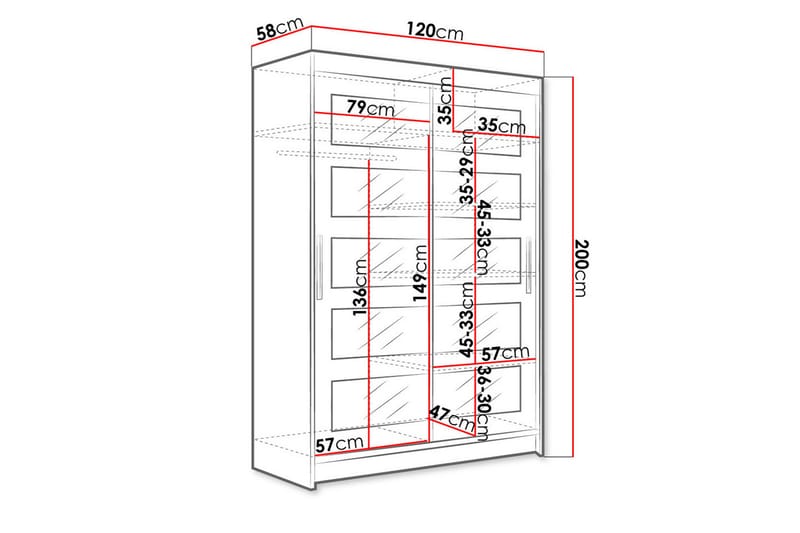 Garderobe Aldo 120 cm Skyvedører 5-Delt Speil - Hvit - Garderober & garderobesystem