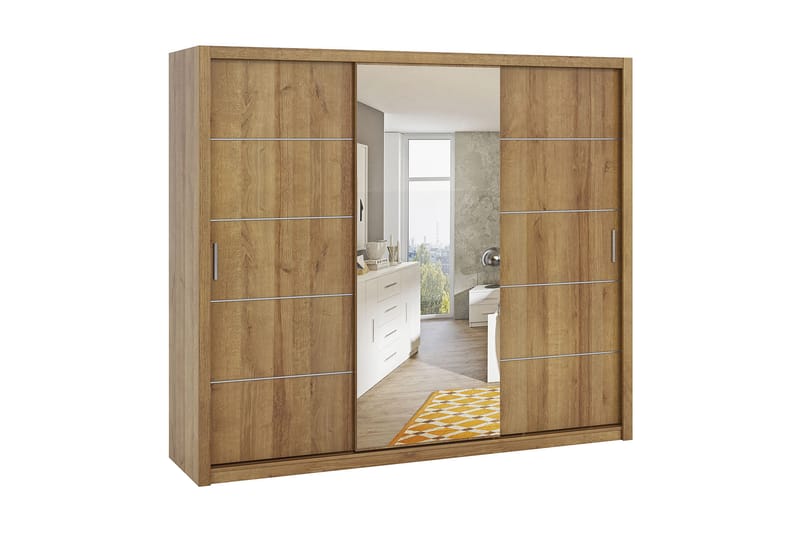 Garderobe Barriga 250 cm med Speil - Gyllen Natur - Garderober & garderobesystem