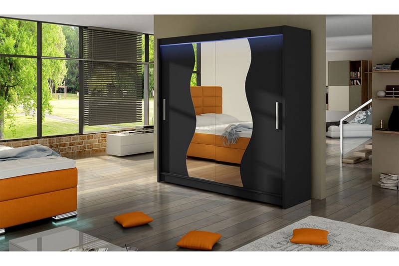 Garderobe Douglas 180x57x215 cm - Svart|Speil|Led-Belysning - Oppbevaring - Garderober & garderobesystem