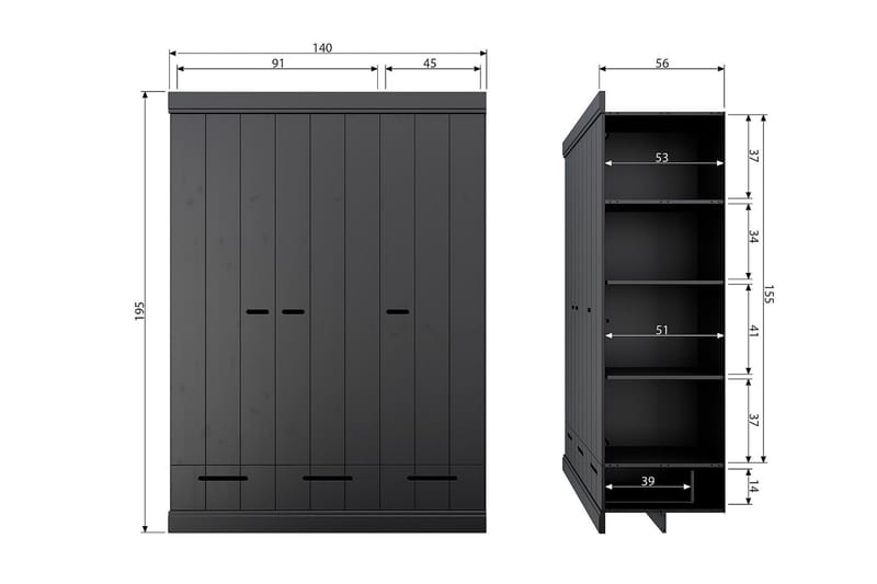 Garderobe Floella 140x53 cm 3 Dører - Furu/Svart - Garderober & garderobesystem - Garderobeskap