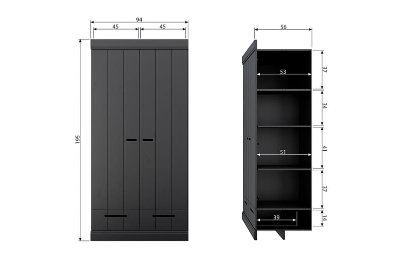 Garderobe Floella 94x53 cm 2 Dører - Furu/Svart - Garderober & garderobesystem - Garderobeskap