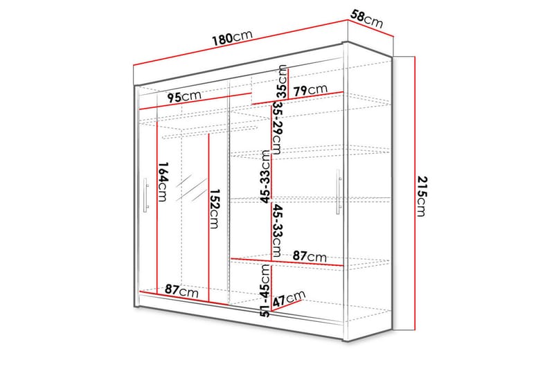 Garderobe London 180x57x215 cm - Hvit - Garderober & garderobesystem